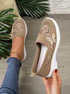 Women's Floral Embroidered Knit Slip-On Sneakers - Breathable Wedge Casual Walking Shoes for Everyday Wear