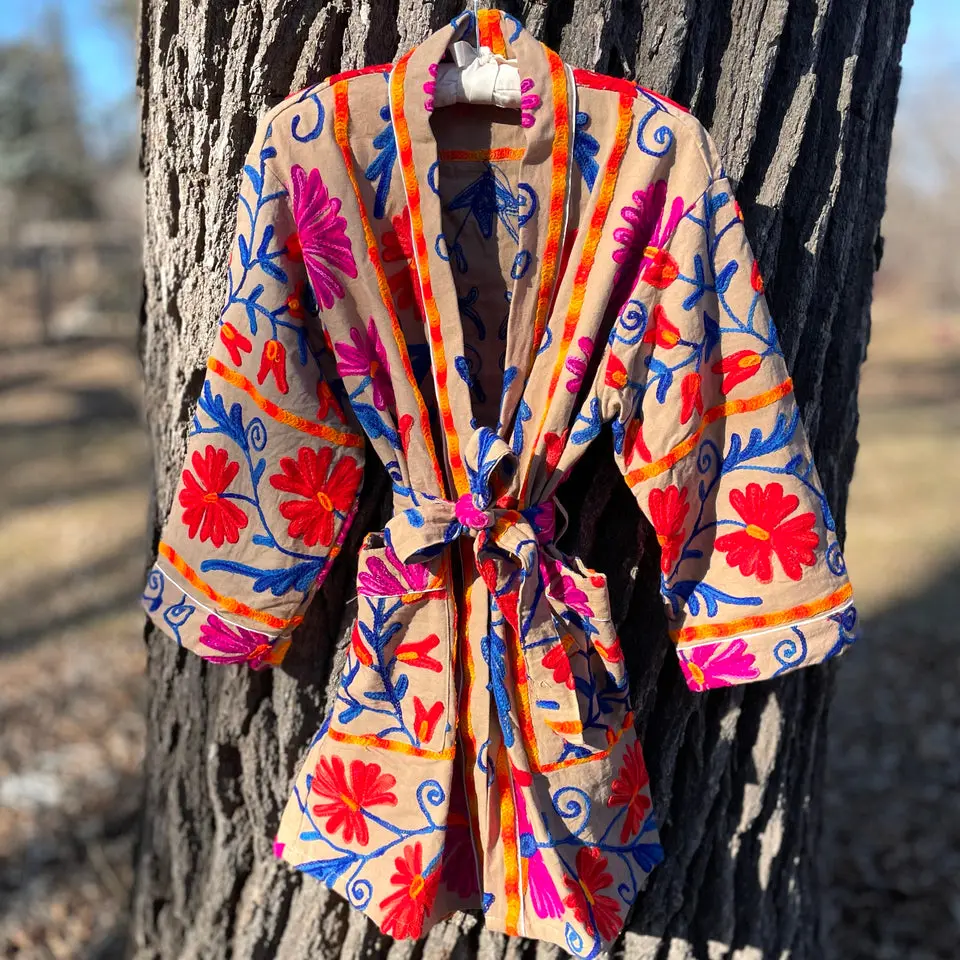 Hand Embroidered Suzani Robe - Taupe.