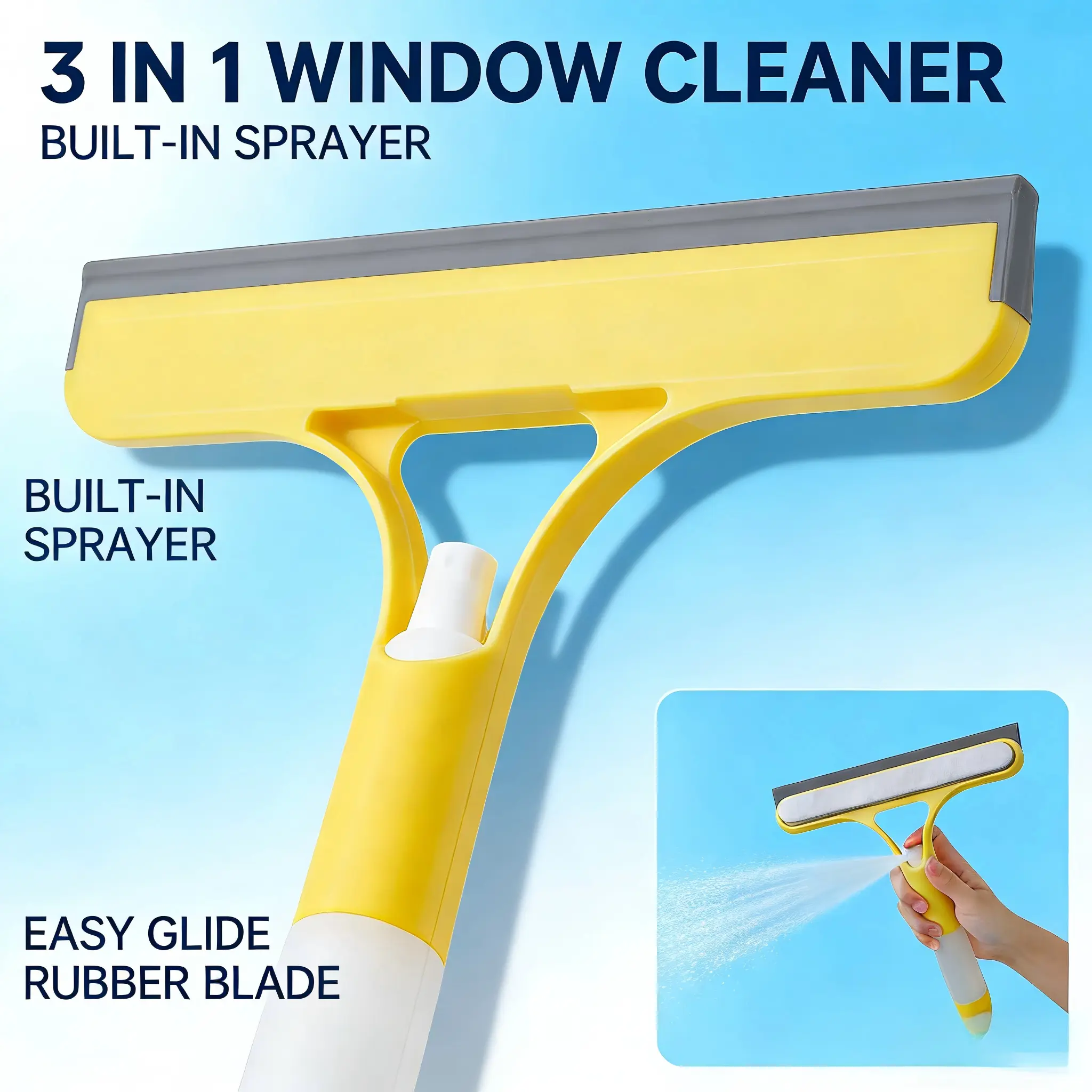3-in-1 Plastic PVC Window Cleaning Tool with Handle - Squeegee (Stiff Bristles), Scraper, Silicone Microfiber Scrubber, Spray Function, Lightweight Reusable for Car Windshields, Desk Acrylic Surfaces, Car Detailing Products