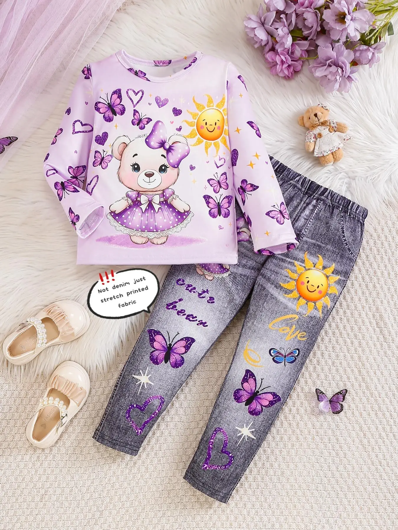 Two-piece Set Girl's Cartoon Bear Print Sweatshirt & Butterfly Print Denim-effect Print Pant Set, Cute Long Sleeve Round Neck Pullover & Denim-Effect