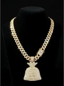 Men's Hip Hop Cuban Link Chunky Chain Necklace with Full-Diamond Money Bag Pendant  A Father's Day Jewelry Gift for Dad