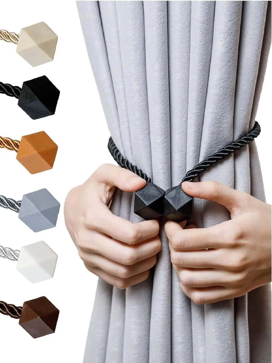 Magnetic Curtain Tiebacks , Thicker Twist Rope & Strong Magnet Tieback Window Treatment Holdbacks Draperies Holders Decorative Drape Handmade Tie Back (Black, 2)