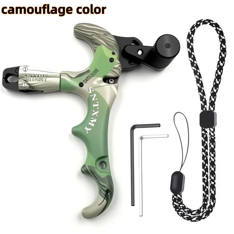 4-Finger Compound Bow Release Aid with Alloy Jaws, 360° Swivel Auto-Close Clamp, Adjustable Camo Design, Lanyard + Tools for Hunting/Shooting