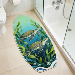 Non-Slip Washable Surfboard Shaped Rug, Seaweed Turtle Pattern Bathroom Mat, Home Bedroom Bedside Carpet, Living Room Hallway Area Rug, Machine Washable Rugs