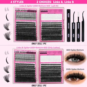LASH SKYQD 512pcs 4 Styles D Curl False Eyelash Cluster Kit, Bottom/Spike/100D/80D Volume Lash Extensions Kit With Lash Bond and Seal Tweezers, Perfect for Beginners & Proficient, DIY at Home Easily, Easy Apply for Makeup Daily