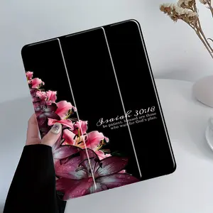 This pink lily floral design features a quote from the Bible, 30:18, and includes an adjustable stand and pen holder. It's a foldable, non-slip TPU protective case suitable for Samsung, iPad mini, iPad Air, iPad Pro/iPad 10th and 11th generation iPads.