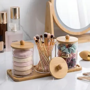 3 Pack Clear Acrylic Canister Set with Bamboo Lids & Wooden Base Dustproof Qtip Cotton Pad Organizer Bathroom Cosmetic Storage Jar Dry Food Grain Kitchen Container