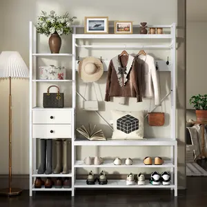 Hall Tree with Bench and Shoe Storage for Entryway, 7-in-1  Entryway Bench with Coat Rack, Storage Shelves, Shoe Race, 9 Coat Hooks and 2 Fabric Drawers