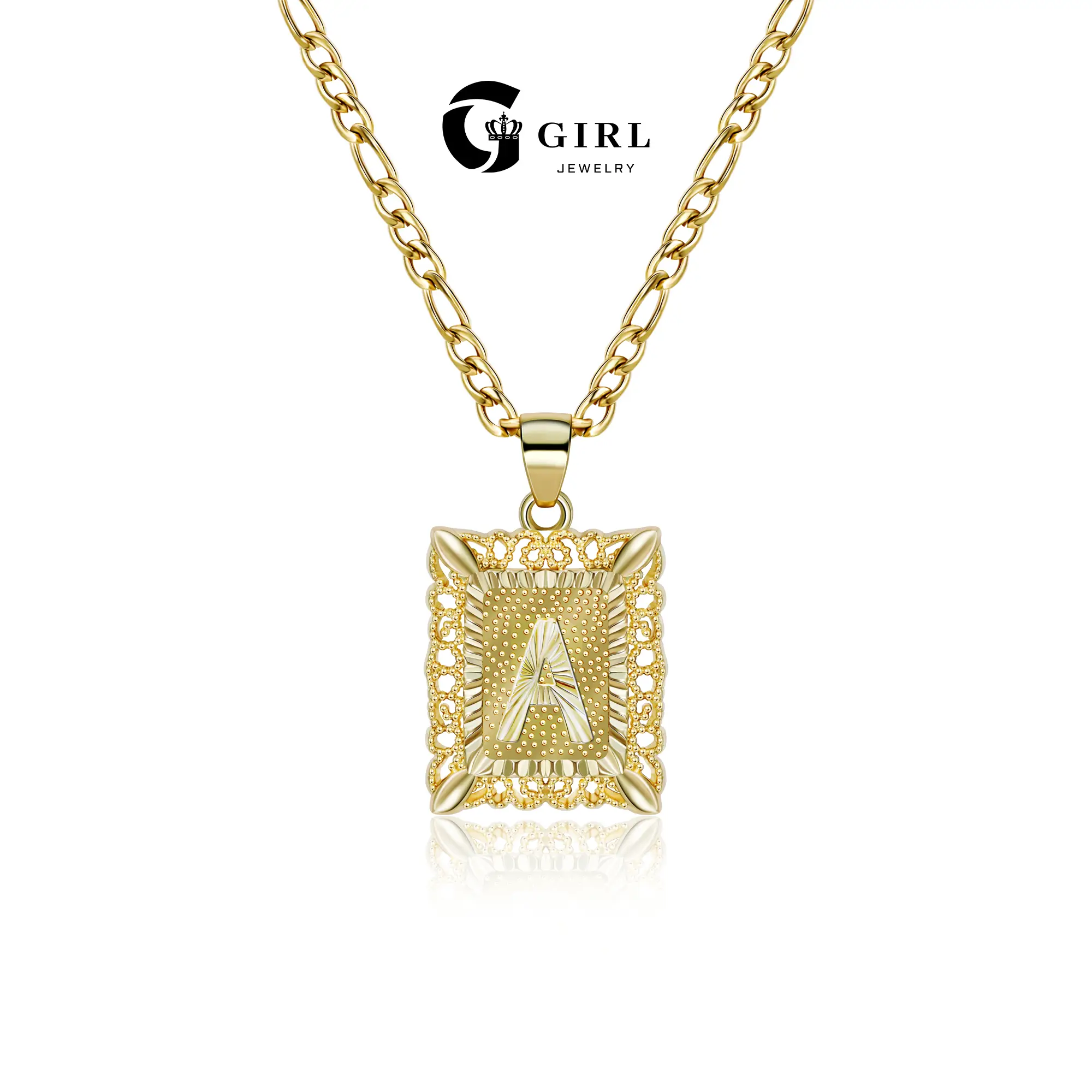 GGIRL 18K Gold Plated Initial Letter Pendant Necklace for Men Womens Square Capital Monogram Necklace Alhpabets from A-Z Figaro Chain Necklace Jewelry