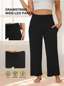 Women's Plus Size Straight Leg Pants, High Waist Drawstring Design, Side Pockets, Casual Fashion Aesthetic Loose Fit Wide Leg Jeans for Daily Wear