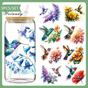 5PCS/SET Watercolor hummingbird DIY Light Beigeny Tumblers Wrap Decorative transfer paper UV DTF High Self-adhensive Wraps Transfers Decor Transfer Paper On Cup