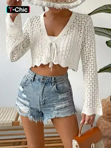 Women's Spring & Fall Casual Everyday Wear Long Sleeve Fitted Plain Design Tie Front Short Cardigan Knitwear Sweater, Cute Hollow Out Deep V Neck Fan Hem Sleeves, Knitted Mesh Breathable