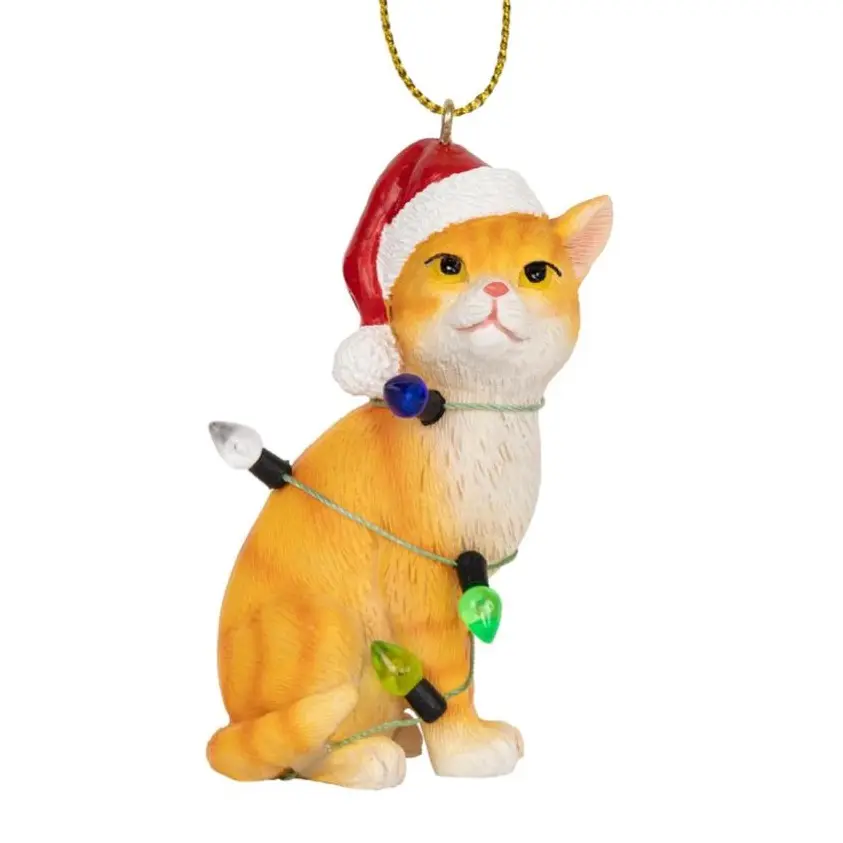 Orange Tabby Cat Christmas Tree Ornament with Santa Hat Wrapped in Christmas Tree Colored Lights