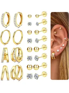 Gorgeous 12 Pairs Golden Diverse Flat Back Earrings Hypoallergenic Copper 304 Surgical Steel Earrings for Women Men for Sensitive Ears Hoop Stud Earrings Flat Back Cartilage Tragus Helix Piercing Earrings