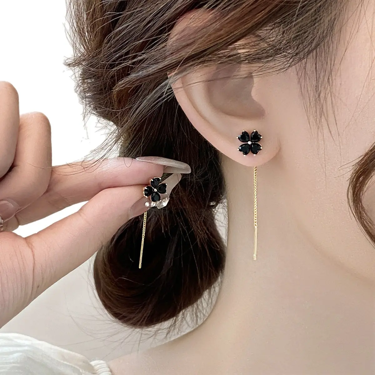 Women's Black Long Tassel Ear Thread Earrings - Light Luxury, Casual Style, Clover Cutout, Black Stone Pendant, New Arrival, Designer-Inspired Fashion Costume Jewelry, Black Stone Pendant Earrings, Casual Style Earrings