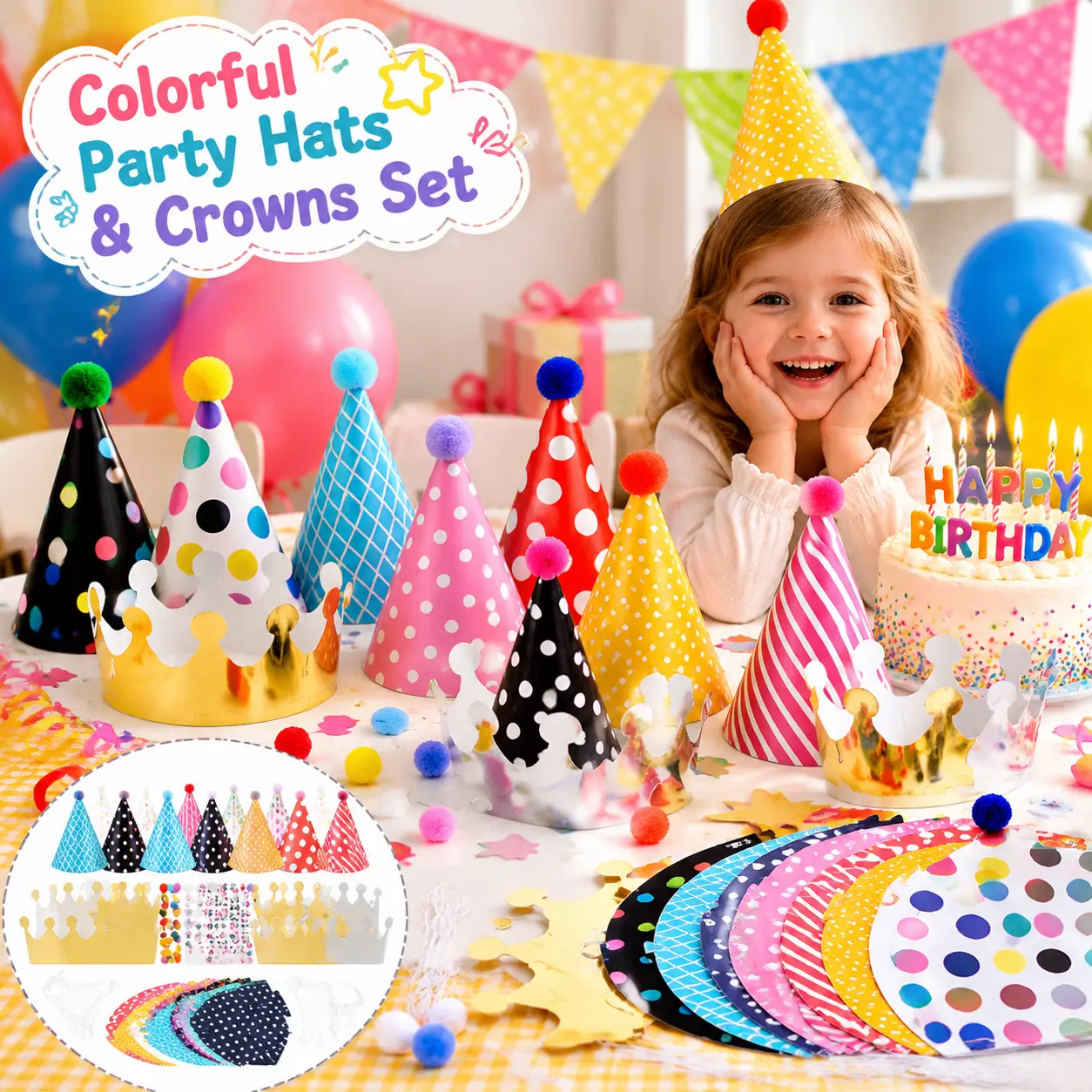 11-Piece Colorful Pom Pom Party Paper Hats & Crowns Set - Photo-Friendly Festive Party Accessories with Light, for Birthday & Festival Celebration Home Decoration Supplies, Polka Dot