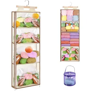 Yarn Storage with 4 Large Pockets, Mesh Knitting Bag,  Yarn Holder with Over-Door Hooks for Knitting & Crochet Supplies, Clear Knitting Organizer with Zippers for Crochet Lovers