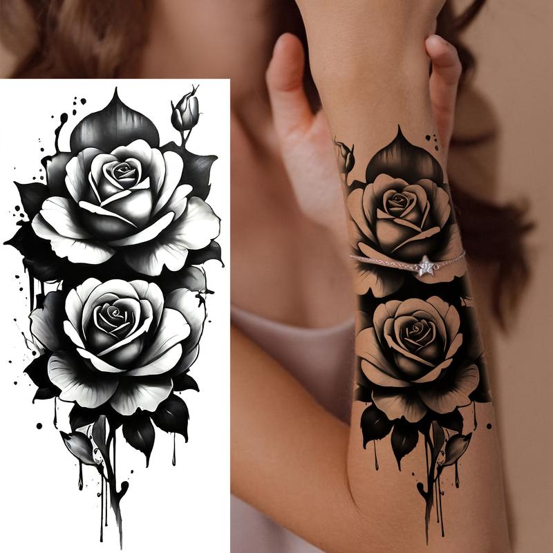 Realistic Temporary Tattoo Set - 6 Stickers (3 Assorted Floral with Roses, 3 Solid Butterfly), Waterproof, Long-Lasting, Party Favors, Beginner-Friendly Body Art Tattoo for Adults & Children, Ideal for Elbows, Knees, Ankles, Shank, Clavicle, Ear, Cups
