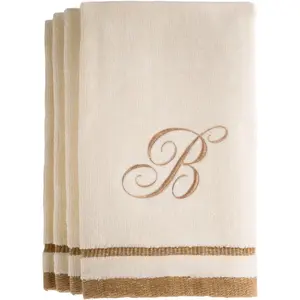 Set of 4 11x18 Inch Fingertip Towels Decorative Golden Brown Embroidered 100% Cotton Extra Absorbent Personalized Monogrammed Gift for Bathroom Kitchen Initial B Ivory