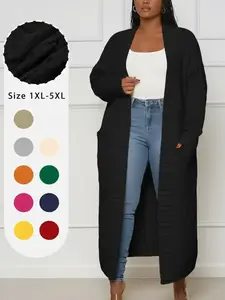 Plus Plain Textured Drop Shoulder Cardigan, Casual Long Sleeve Pocket Coat for Women, Women's Plus Clothing for Spring & Fall