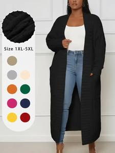 plus plain textured drop shoulder cardigan, casual fashion long sleeve pocket coat for women, women's plus clothing for spring & fall