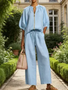 Women's Casual 2 Piece Lounge Set Half Zip Pullover Sweatshirt High Waisted Wide Leg Pants Tracksuit Loose Matching Y2K Airport Outfit Sweat Set