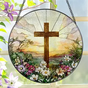 Stained Glass Cross and Wildflowers Suncatcher Christian Stained Glass Windows Hanging Flower Cross Gift for Religious Easter Faith Christian Gifts Religious Home Decor