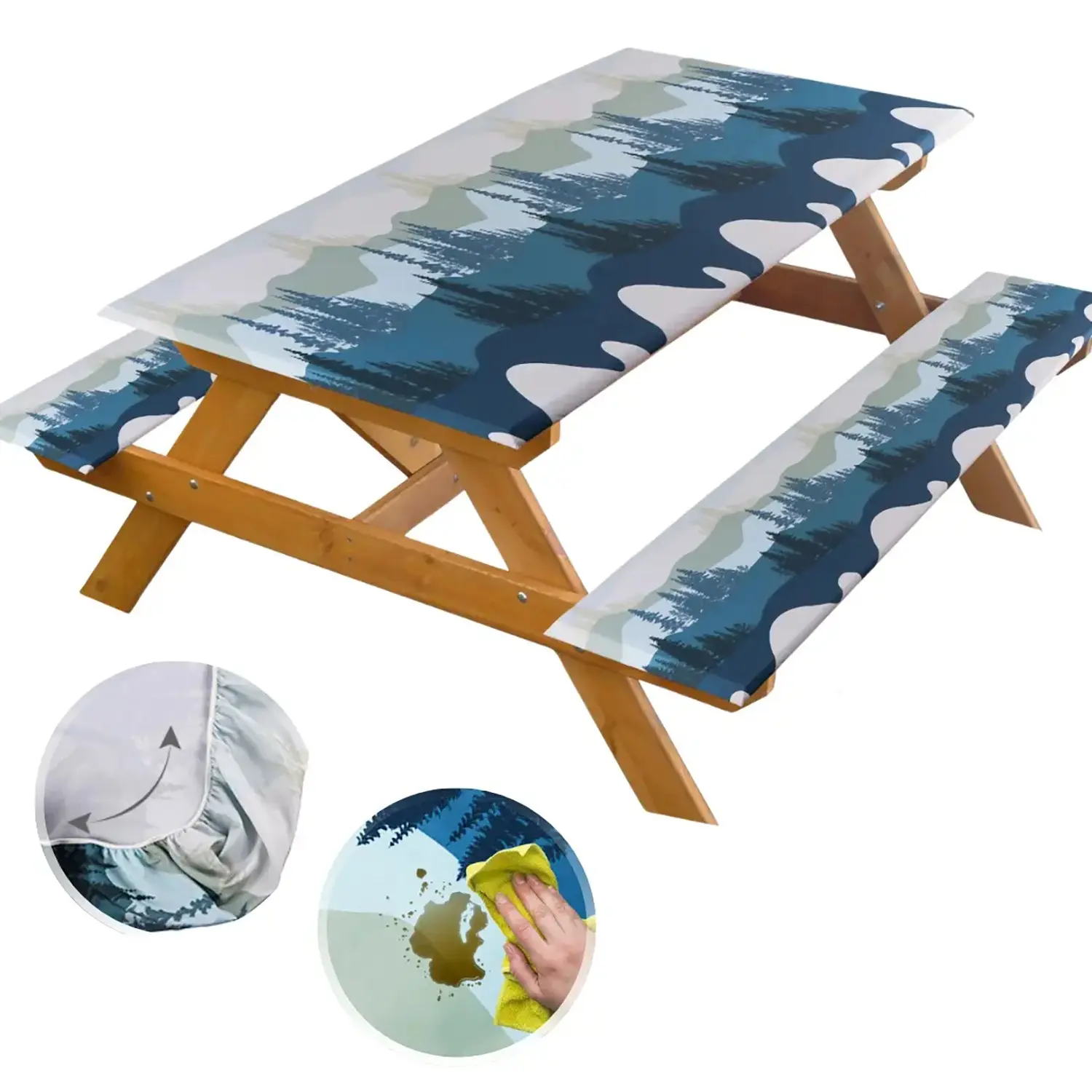 Stretch Tablecloth with Bench Covers, Waterproof Polyester Picnic Table Cover Set, 72"x30" Fitted Tablecloth, & Durable