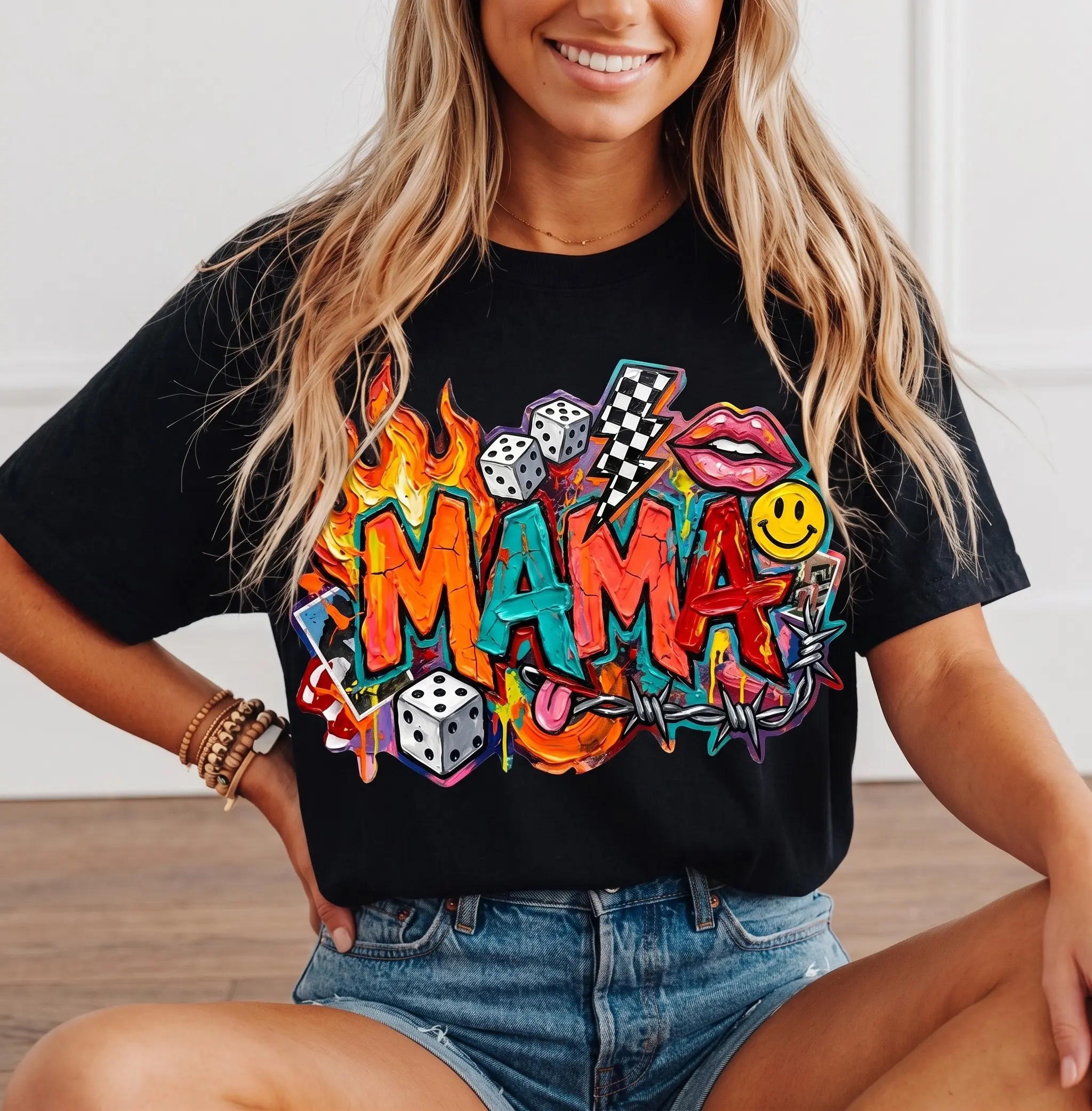 Women's Short-Sleeve Round Neck T-Shirt - Graffiti Retro Western Style, Colorful Lightning Bolt Dice Barb Wire Graphic, Comfy Oversized Distressed Streetwear Top, Trendy Mother's Day Gift, Unisex Option