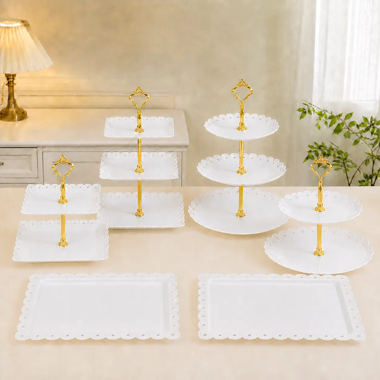6-Piece Dessert Table Display Set, White Plastic Cupcake Stands with Gold Crown Handles, 2-Tier & 3-Tier Cake Stands and 2 Serving Trays for Birthday, Wedding, Tea Party and Events