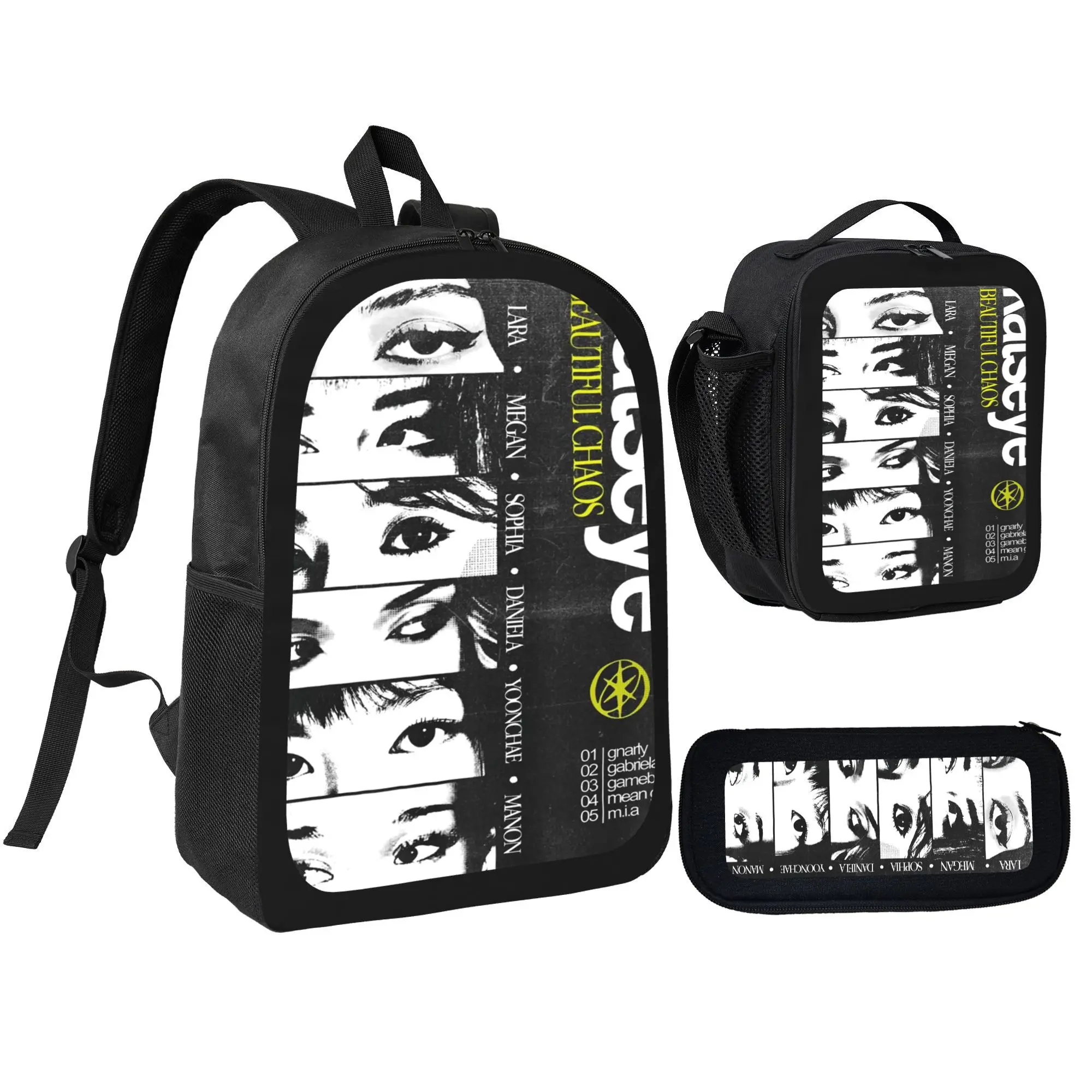 Black Katseye Art Print 3 Pieces Backpack Combo, Versatile Backpack with Thermal Lunch Tote & Large Capacity Pencil Pouch, Cute Kpop Merch Storage Kit