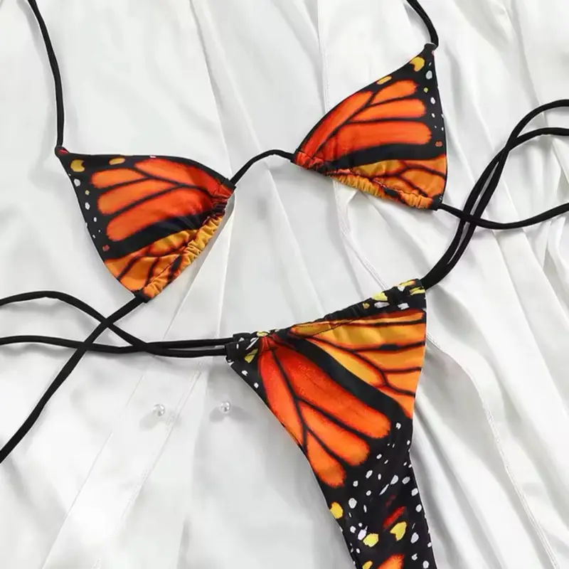 Butterfly Bikini Set - Monarch Butterfly Wing Print, Adjustable Triangle Top with Black String Bottoms, Soft Stretchy Quick-Drying Design - Summer Outfits