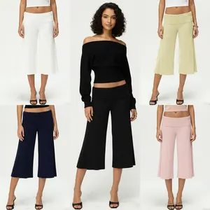 Fold Over Waist Culottes for Women, Soft Stretchy low Waisted Wide Leg Capris, Casual Flowy Pants for Spring Fall Office & Casual Outings