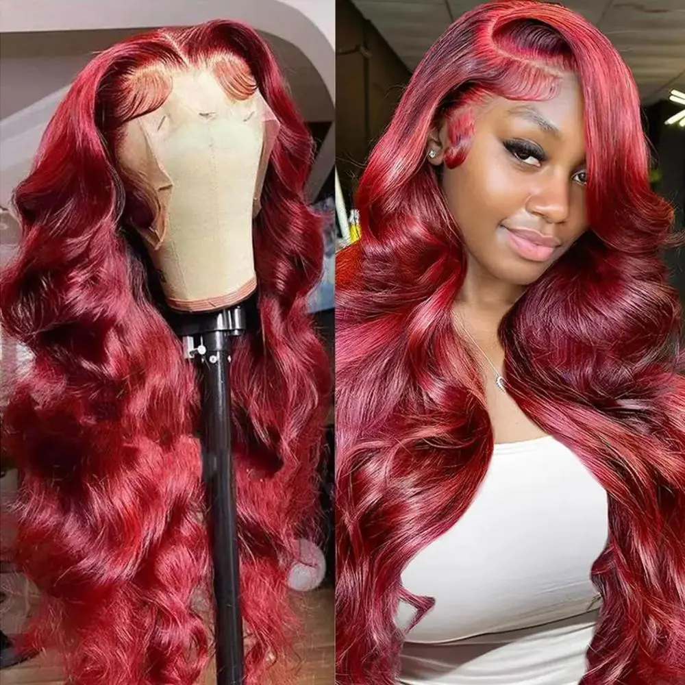 BLING HAIR Burgundy Wig for Female, Long Body Wave 13x6 Frontal Lace Human Hair, 180% Density Brazilian, Heat Resistant 30-36 Inch, Long Wig, Human Hair For Soft, Natural