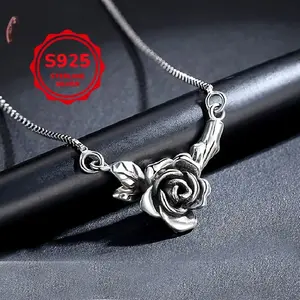 Rose pendant necklace, 925 silver elegant retro black rose pendant necklace - perfect for daily and holiday wear, women's gift