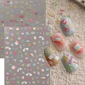 Spring Cute Cartoon Embossed Nail Stickers, 5D Spring Summer Small Flower Rainbow Nail Decals, Self-Adhesive Nail Decorations