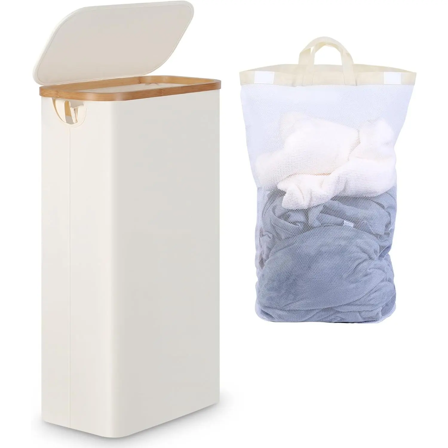 Slim Laundry Basket with Lid, Tall Narrow Washing Basket for Laundry, Folding Small Slimline Laundry Baskets for Dirty Clothes, 63L Cloth Storage Basket Beige, EF-63Beige