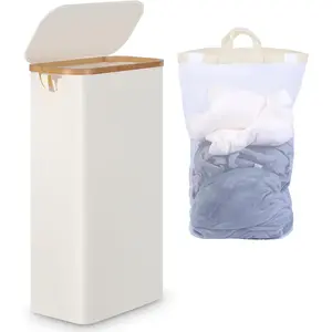 Slim Laundry Basket with Lid, Tall Narrow Washing Basket for Laundry, Folding Small Slimline Laundry Baskets for Dirty Clothes, 63L Cloth Storage Basket Beige, EF-63Beige