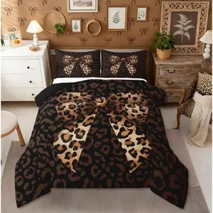 Leopard Print Bow Comforter Set for Girls Women Cheetah Bowknot Bedding Set,Teens Coquette Bows Comforter Kids Bow Knot Ribbon Bed Set,Wildlife Fur Print Duvet Insert Brown