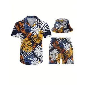 Men'S 3pcs Retro Outfit Beach Set, Colorful Palm Leaves Sportswear, Hawaiian Sportswear Set, Shirt Beach Shorts And Fisherman Hat Bucket Hat