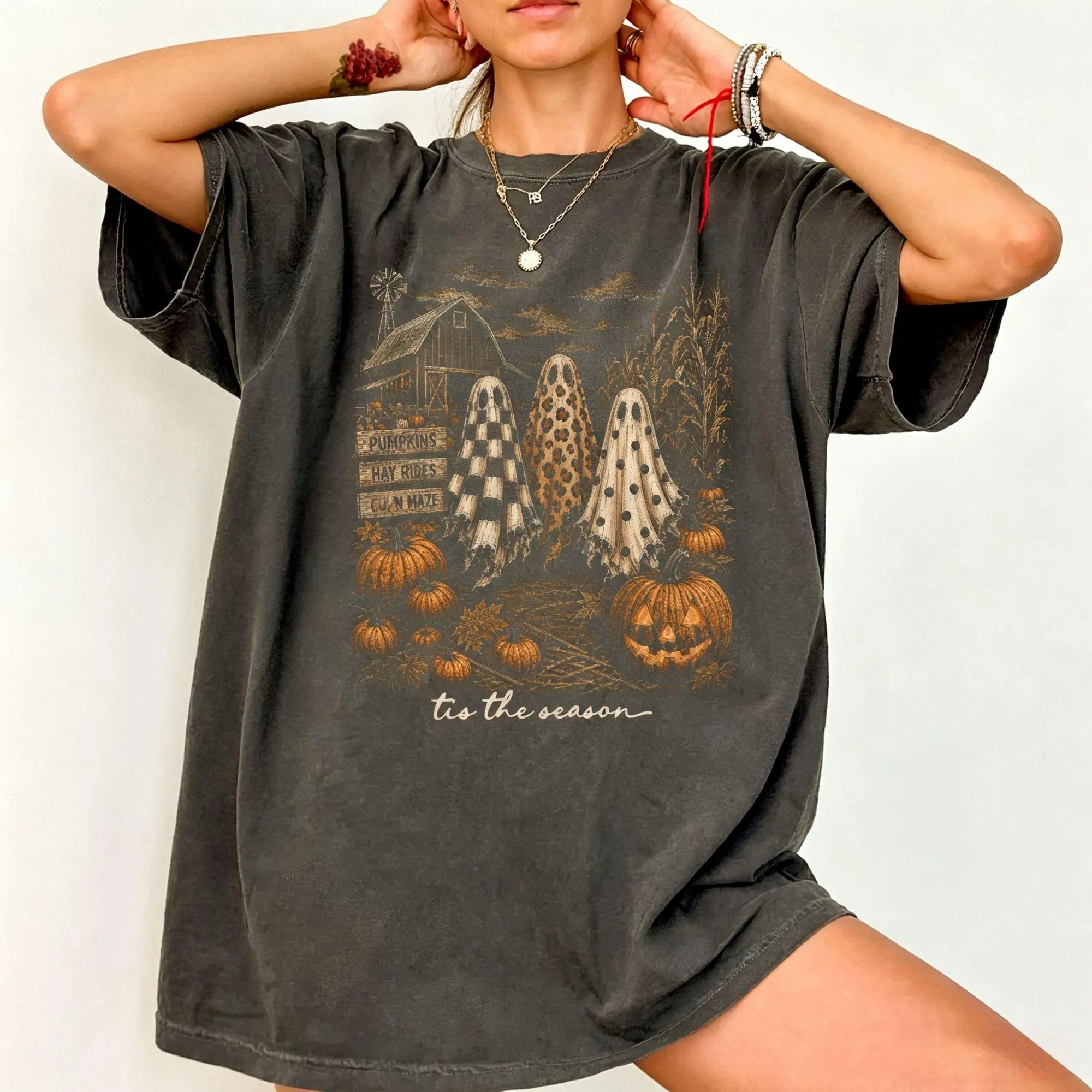 Tis The Season Graphic Tee Vintage Washed Cotton Tshirt Ghost Pumpkin Patch Spooky Fall Halloween Country Western Aesthetic Oversized T Shirt Women Short Sleeve Crewneck Top Retro Streetwear Birthday Gift Men Unisex Loose Top