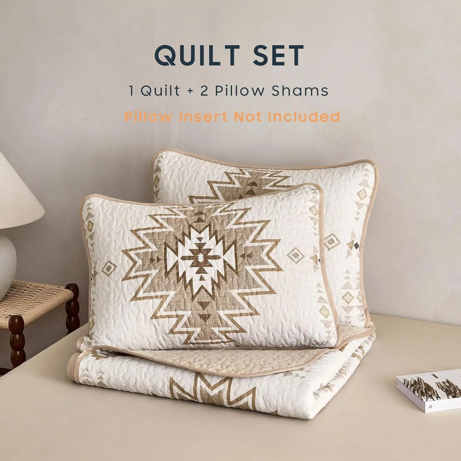 - Set, Southwestern Rustic Farmhouse Style with Aztec Geometric Pattern, Reversible Lightweight Bedspread Coverlet, 3 Pieces, Beige Brown, Queen/Full Size