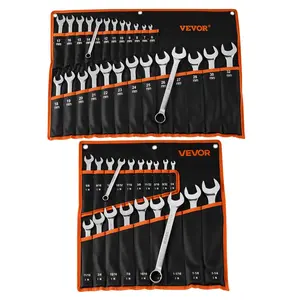 Summervibes VEVOR Combination Wrench Set, 44-Piece SAE and Metric, 12-Point Box End and 15 Angled Open End Combination Wrenches with Roll Up Pouch, Carbon Steel, for General Household and Automotive Repairs
