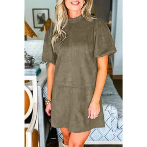 Moss Green Frill Neck Puff Sleeve Mini Dress