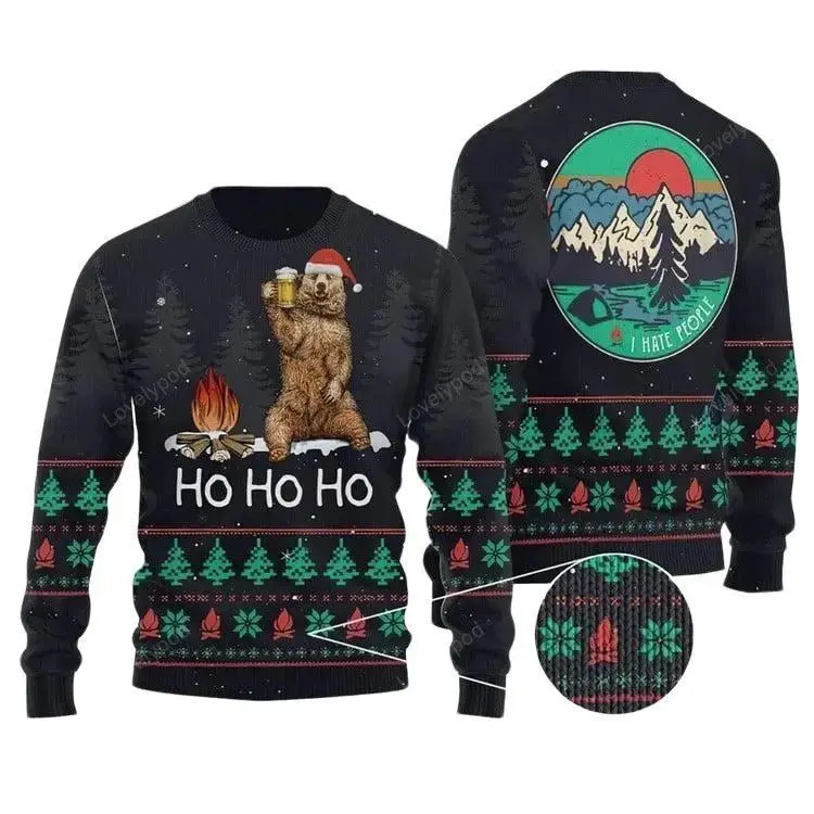 Bear & Beer Ugly Sweater, Hohoho Ugly Christmas Sweater, Funny Bear & Beer Ugly Sweater For Men & Women