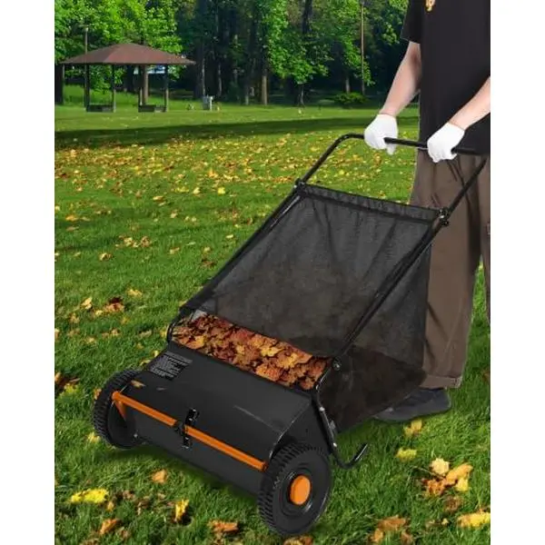 26-Inch Push Lawn Sweeper Heavy Duty Leaf Grass Collector Black,Heavy-duty push lawn sweeper for leaves and grass on lawn, sidewalk, driveway or patio; large bag with easy dumping