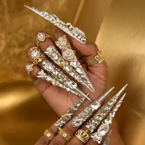 3D Silver Filigree Heart Gem Nails Gothic Luxury Fake Nails Extra Long Stiletto Press On Nails
