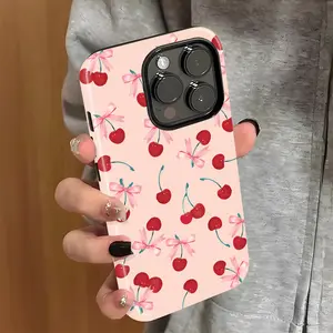 Stylish Cherry Design Phone Case, Shockproof Rugged Cover Dual Layer Soft TPU Hard Bumper Hard Shell for iPhone 11 12 13 14 15 16 Pro Max Plus Bow Y2K