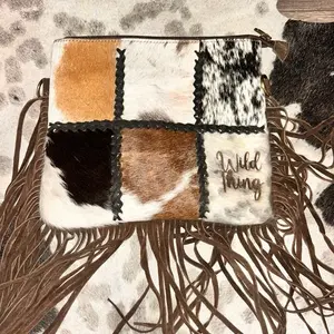 Cowhide French Crossbody Purse Wild Thing Patchwork Design with Fringe Accents