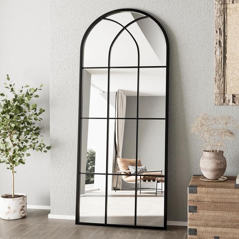 Mirror Full Length, 71"x32" Large Arched Mirror, Black Full  Window Pane Mirrors, Oversize Farmhouse Standing Wall Mirrors Hanging or Leaning for Living Room, Entryway, No Stand